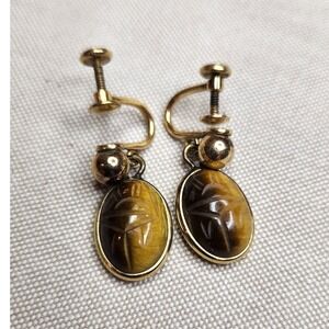 Vintage Van Dell 12KGF Tiger Eye‎ Carved Screw Back Earrings